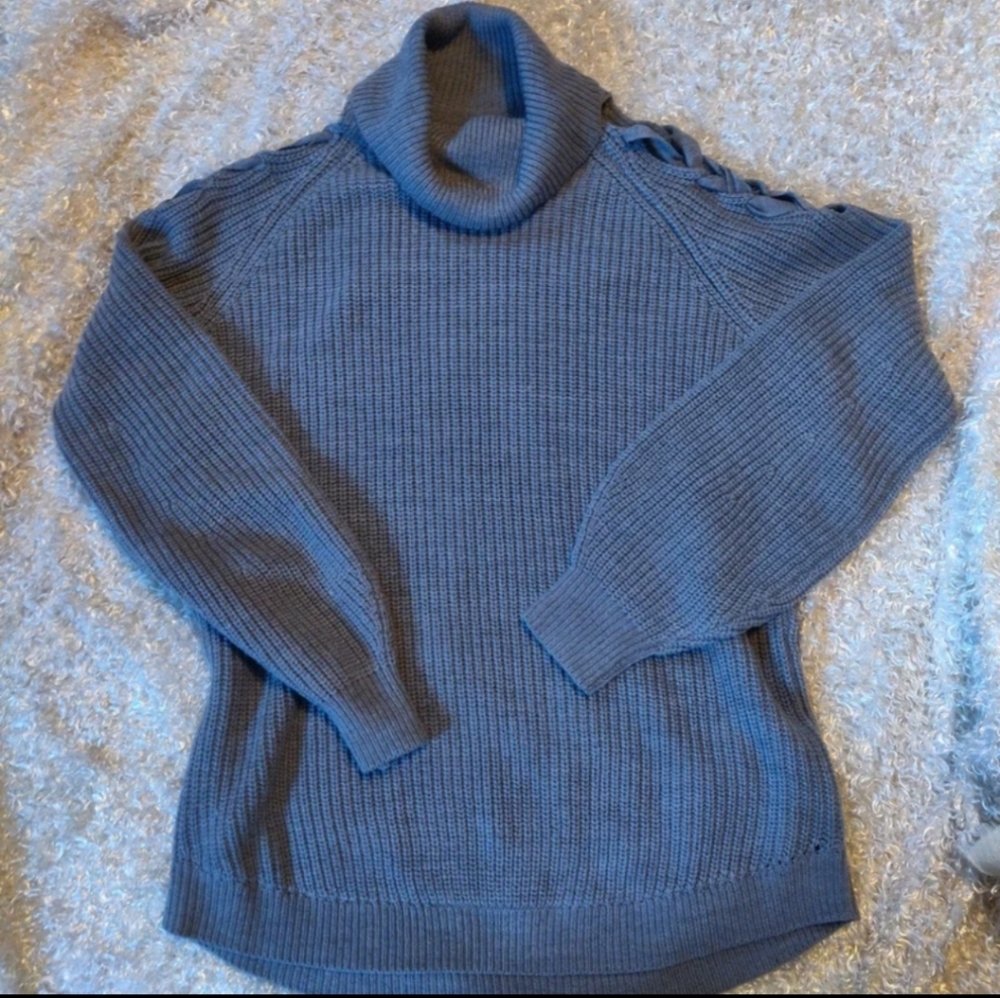 Women's Long Gray Turtleneck Sweater With Crisscross Detail On Shoulder Size Lg